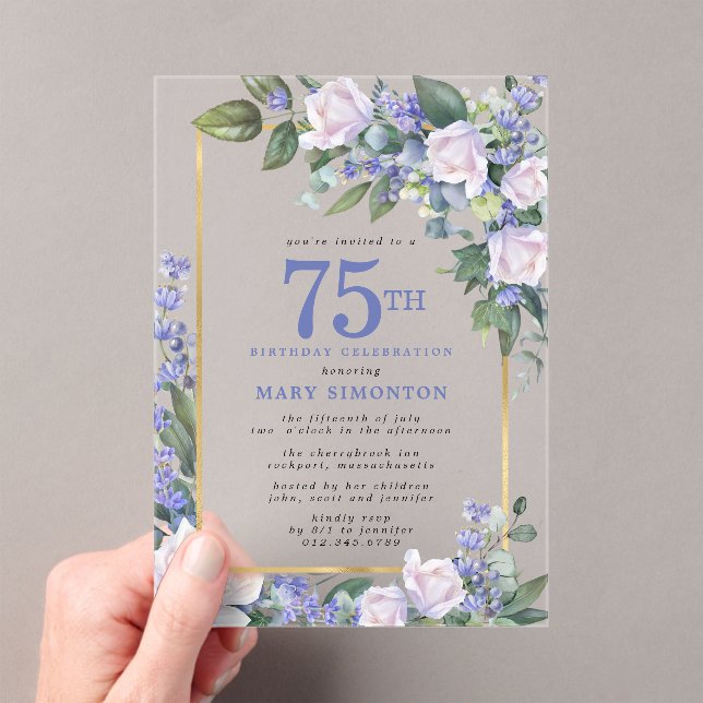 Blue White Gold Floral 75th Birthday Acrylic Invitations (Insitu (Handheld))