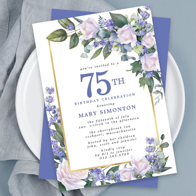 Blue White Gold Floral 75th Birthday Invitation (Creator Uploaded)