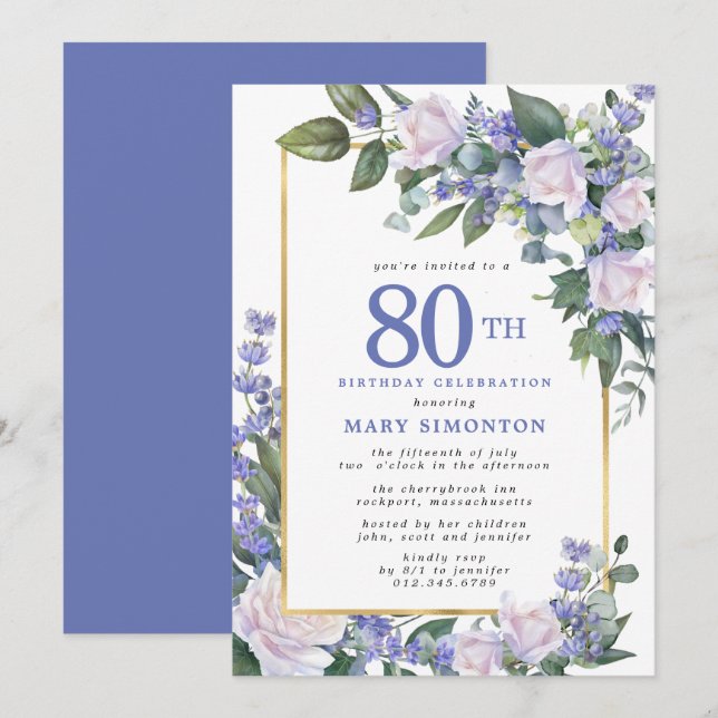 Blue White Gold Floral 80th Birthday Invitation (Front/Back)