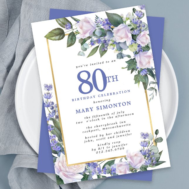 Blue White Gold Floral 80th Birthday Invitation (Creator Uploaded)