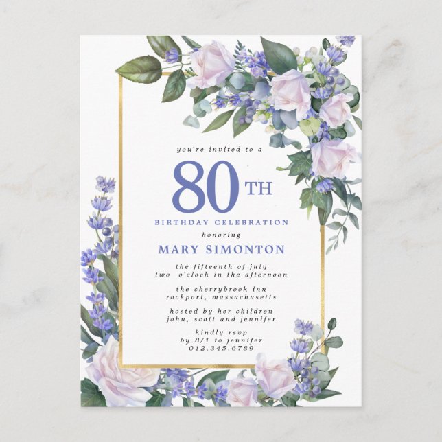 Blue White Gold Floral 80th Birthday Party Invitation Postcard (Front)