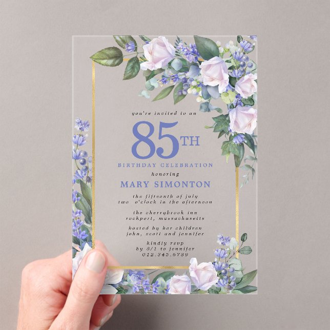 Blue White Gold Floral 85th Birthday Acrylic Invitations (Insitu (Handheld))