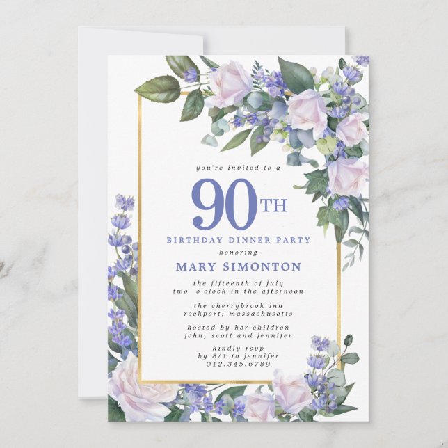Blue White Gold Floral 90th Birthday Dinner Invitation (Front)