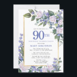 Blue White Gold Floral 90th Birthday Dinner Invitation<br><div class="desc">Honour a special woman with this elegant and feminine 90th Birthday Dinner invitation. 90th is written in large blue text. Birthday celebration follows. The honoured guest's name is also in blue capital letters. The remainder of the text is soft dove grey. The birthday celebration details are surrounded by a chic...</div>