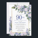 Blue White Gold Floral 90th Birthday Dinner Invitation<br><div class="desc">Honour a special woman with this elegant and feminine 90th Birthday Dinner invitation. 90th is written in large blue text. Birthday celebration follows. The honoured guest's name is also in blue capital letters. The remainder of the text is soft dove grey. The birthday celebration details are surrounded by a chic...</div>