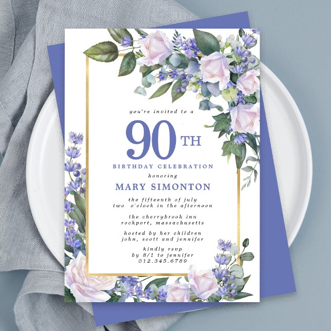 Blue White Gold Floral 90th Birthday Invitation (Creator Uploaded)