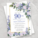 Blue White Gold Floral 90th Birthday Invitation<br><div class="desc">Honour a special woman with this elegant and feminine 90th Birthday party invitation. 90th is written in large blue text. Birthday celebration follows. The honoured guest's name is also in blue capital letters. The remainder of the text is soft dove grey. The birthday celebration details are surrounded by a chic...</div>