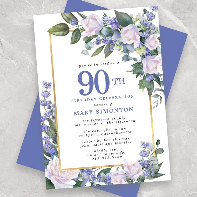Blue White Gold Floral 90th Birthday Invitation (Creator Uploaded)