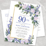 Blue White Gold Floral 90th Birthday Party Invitation Postcard<br><div class="desc">Honour a special woman with this elegant and feminine 90th Birthday party invitation. 90th is written in large blue text. Birthday celebration follows. The honoured guest's name is also in blue capital letters. The remainder of the text is soft dove grey. The birthday celebration details are surrounded by a chic...</div>
