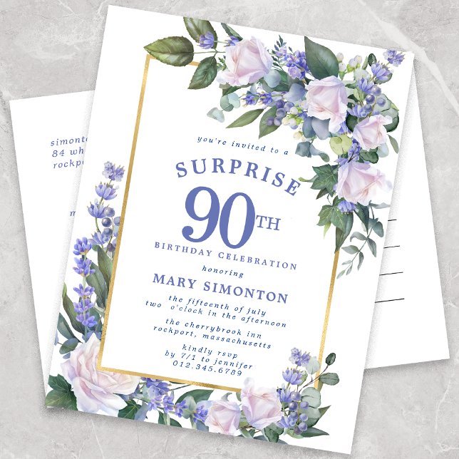 Blue White Gold Floral 90th Surprise Birthday Invitation Postcard (Creator Uploaded)