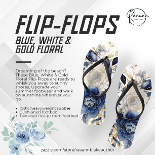 Blue, White & Gold Floral Flip Flops
