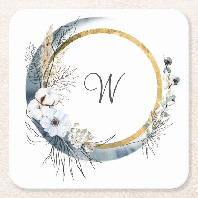 Blue White Gold Floral Monogram Boho Wedding Square Paper Coaster (Front)