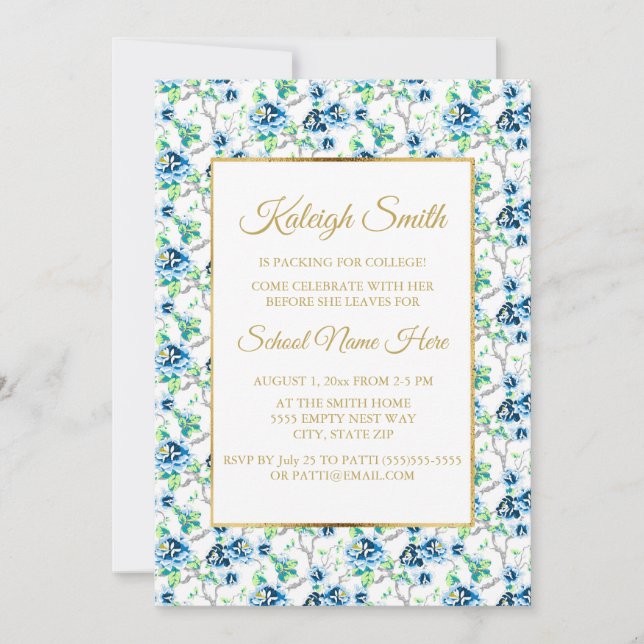 Blue White Gold Floral Trunk Party Invite (Front)