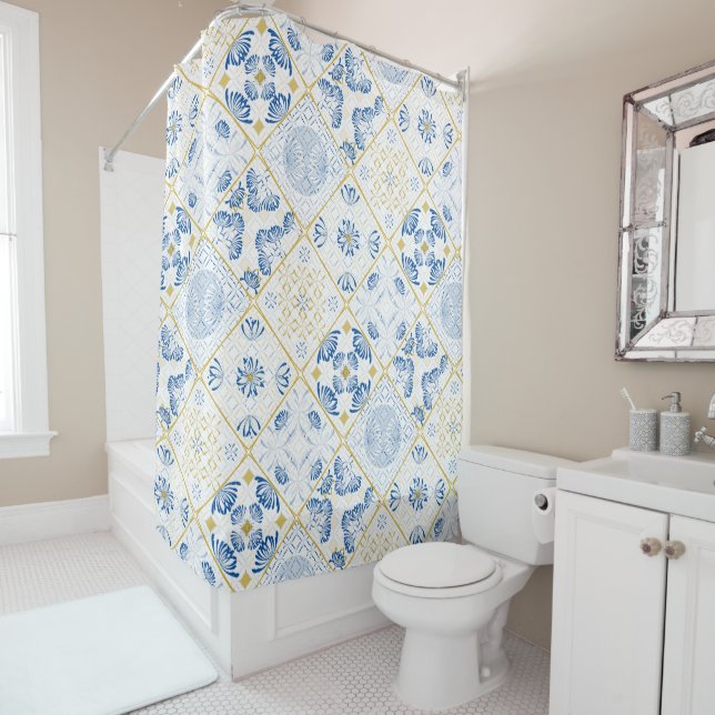 Blue White Gold Geometric Tile Chinoiserie Shower Curtain (In Situ)