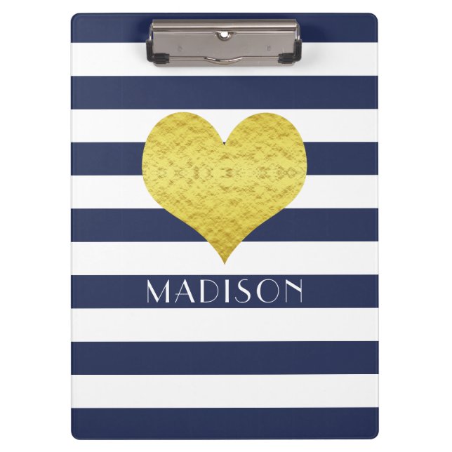 Blue White Gold Heart Pattern Your Name Clipboard (Front)