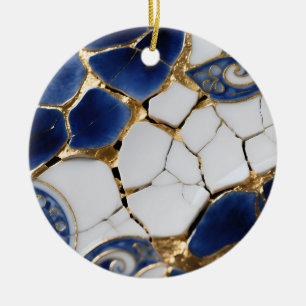 Blue White Gold Kintsugi Porcelain Mosaic Ceramic Tree Decoration