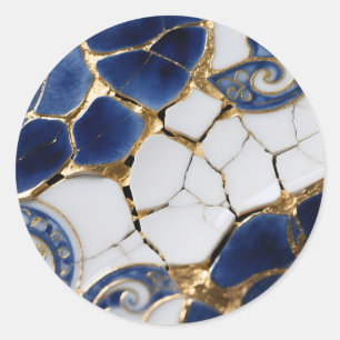 Blue White Gold Kintsugi Porcelain Mosaic Classic Round Sticker