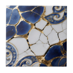 Blue White Gold Kintsugi Porcelain Mosaic Tile