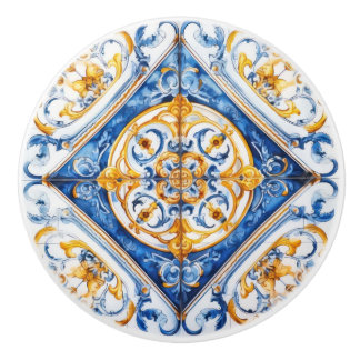 Blue White Gold Look Talavera Azulejo Tile  Ceramic Knob