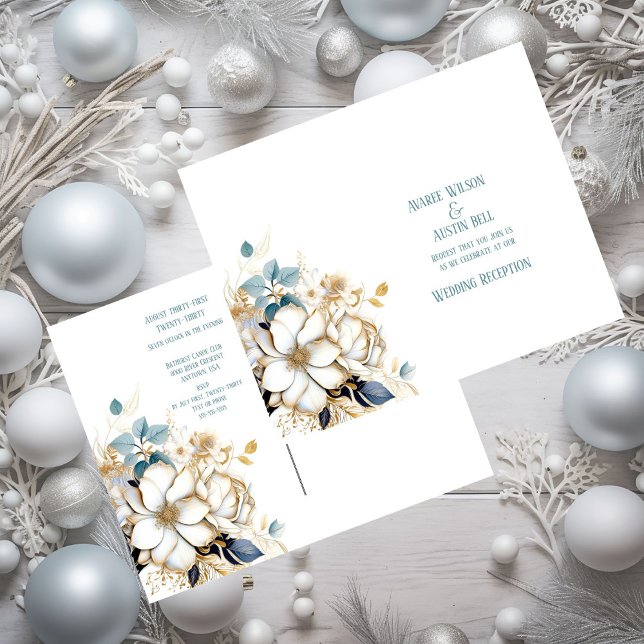 Blue White Gold Magnolia On White Wedding Postcard (Creator Uploaded)
