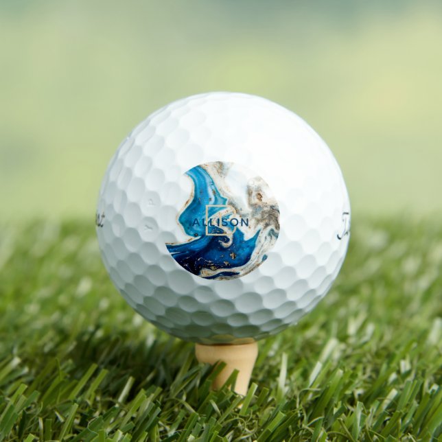 Blue White Gold Marble Abstract Art Monogram Golf Balls (Insitu Tee)