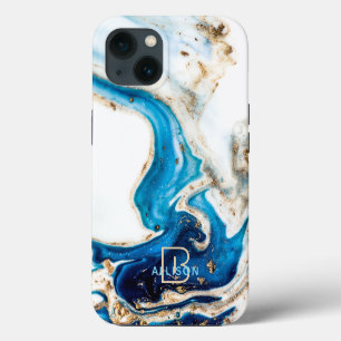Blue White Gold Marble Abstract Art Monogram iPhone 13 Case