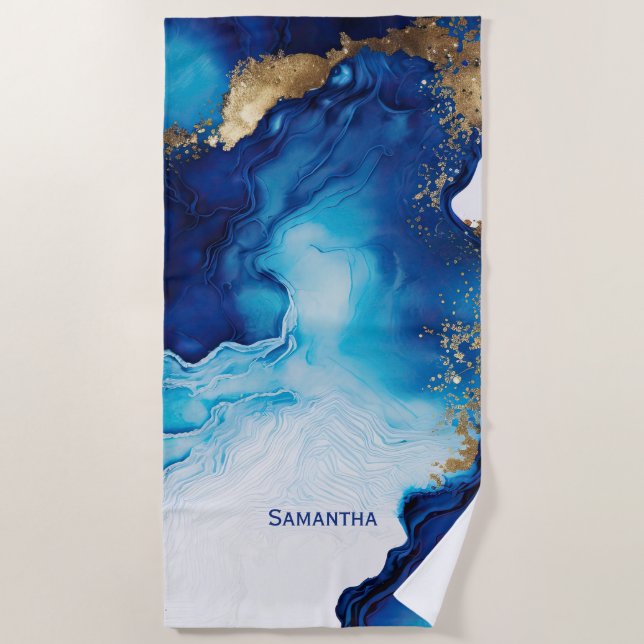 Blue White Gold Marble Beach Towel (Front)