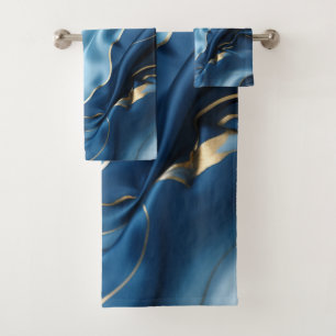 Blue,White, Gold Marble on Silk Bath Towel Set