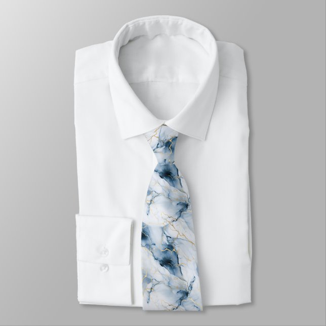 Blue White Gold Marble Swirl Wedding Formal Groom Tie (Tied)