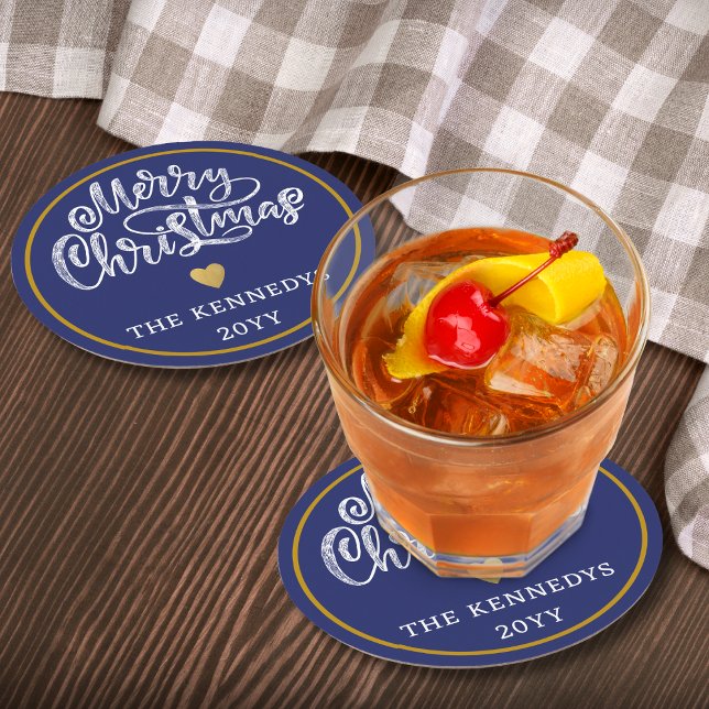 Blue White Gold Merry Christmas Round Paper Coaster (Creator Uploaded)