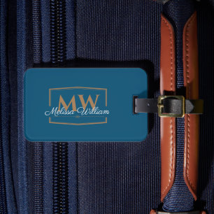 Blue White Gold Monogram Name Luggage Tag