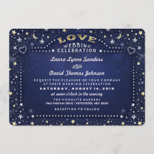 Blue White Gold Moon Stars RECEPTION INFO on Back Invitation