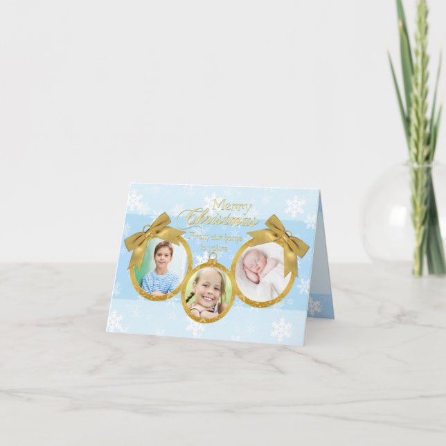 Blue White Gold Ornaments Christmas Photo Card (Front)
