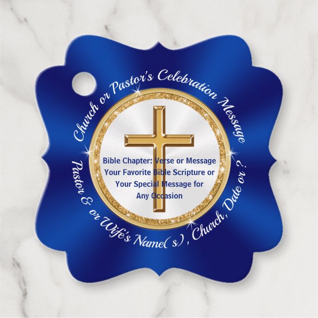 Blue, White, Gold, Personalised Church Favours Tag (Front)