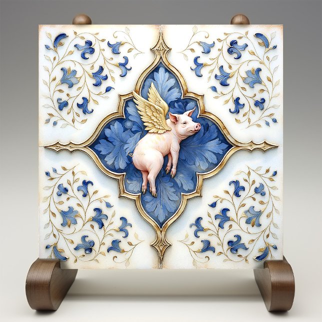 Blue White Gold Pig Mediaeval Scrollwork Tile (Creator Uploaded)