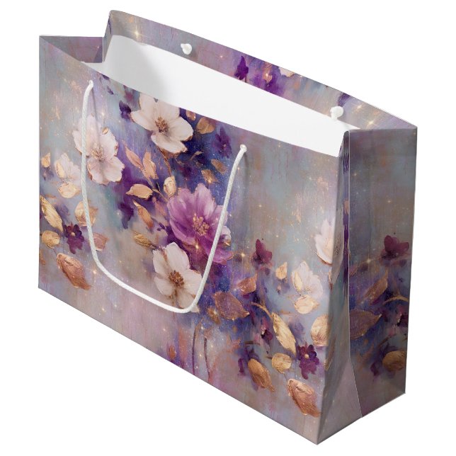 Blue White Gold Purple Floral Birthday Large Gift Bag (Front Angled)