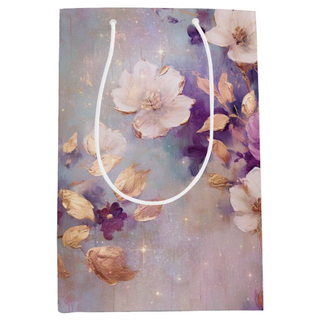 Blue White Gold Purple Floral Birthday Medium Gift Bag (Front)