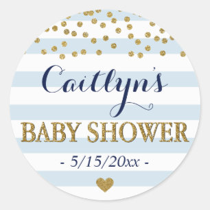 Blue White Gold Stripe Confetti Baby Boy Shower Classic Round Sticker