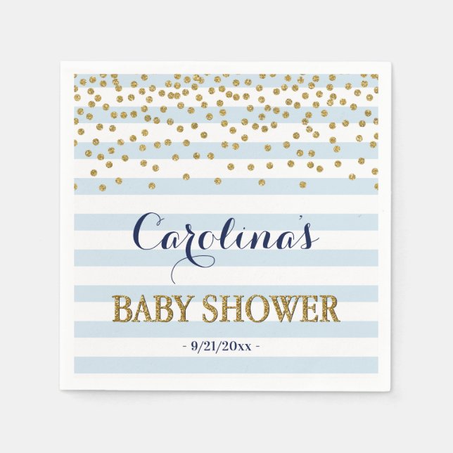 Blue White Gold Stripe Confetti Baby Boy Shower Napkin (Front)