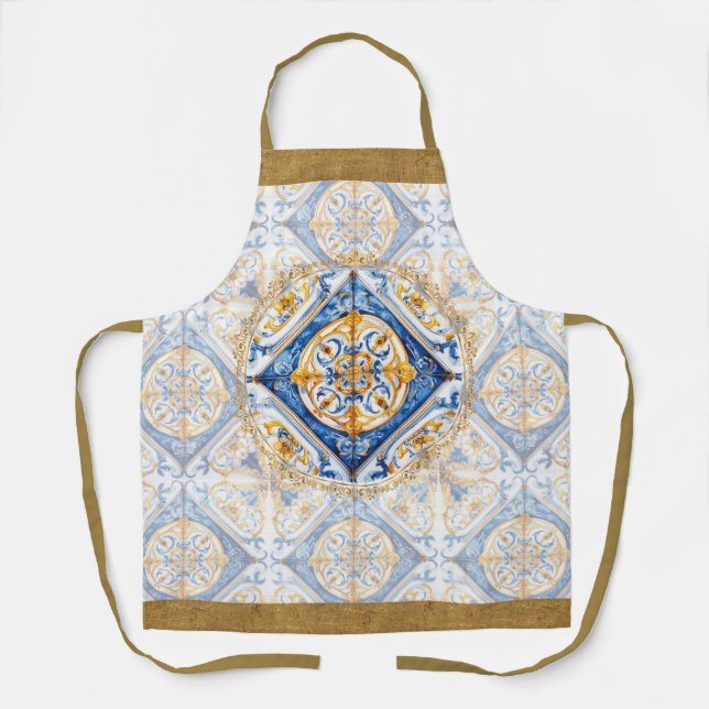 Blue White Gold Talavera Azulejo Tile Look Apron (Front)