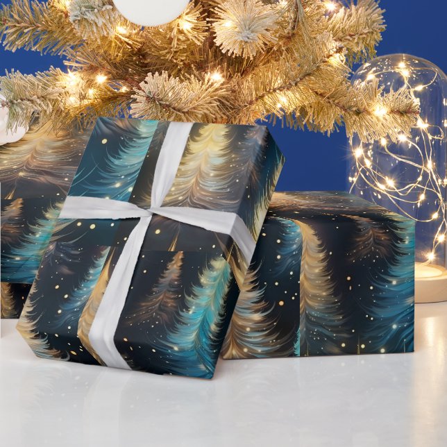 Blue White Gold Trees Modern Christmas Wrapping Paper (Holidays)