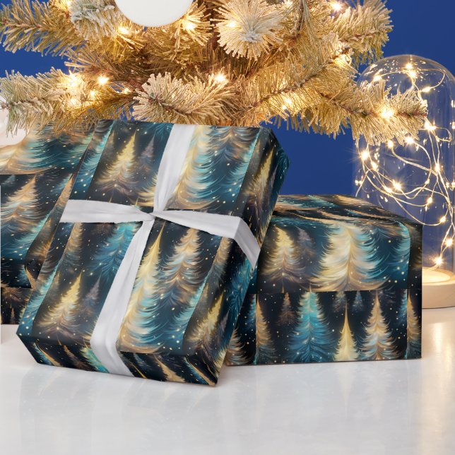 Blue White Gold Trees Modern Christmas Wrapping Paper (Holidays)