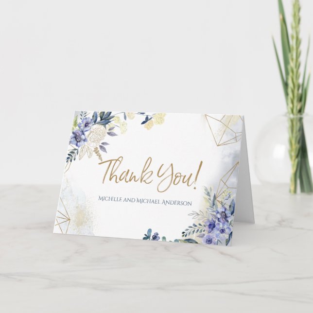 Blue White Gold Watercolor Floral Thank You (Front)