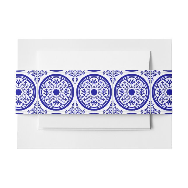 Blue White Gothic Tile Pattern Invitation Belly Band (Front Example)