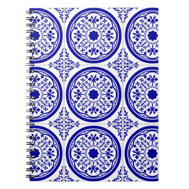 Blue White Gothic Tile Pattern Notebook (Front)
