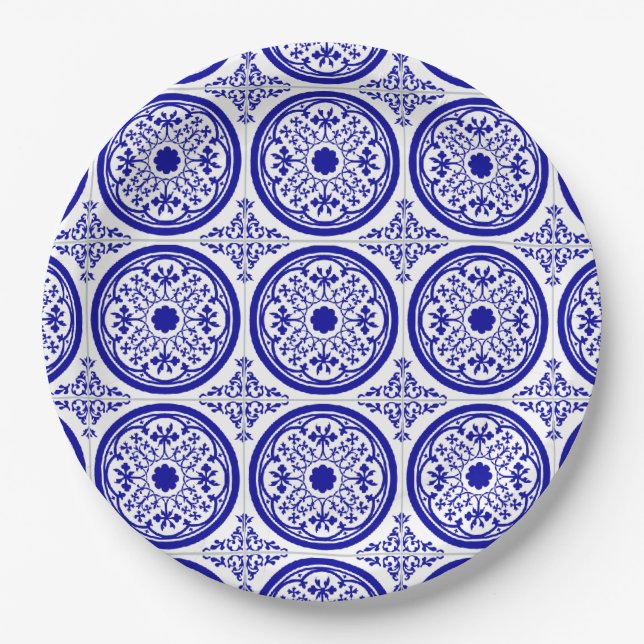 Blue White Gothic Tile Pattern Paper Plate (Front)