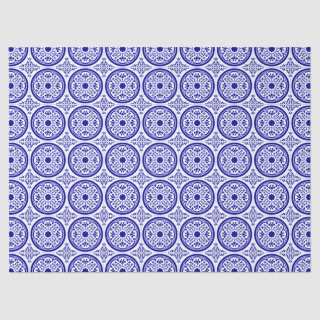 Blue White Gothic Tile Pattern Tissue Paper (Front)