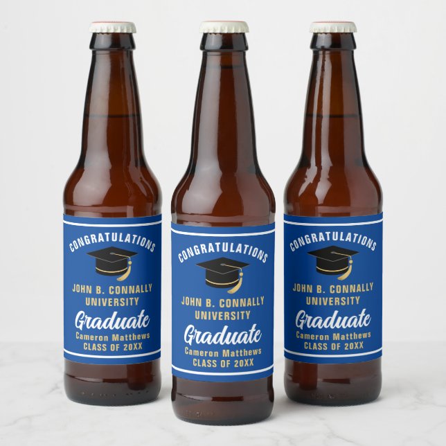 Blue White Graduate Custom 2025 Graduation Party Beer Bottle Label (Bottles)