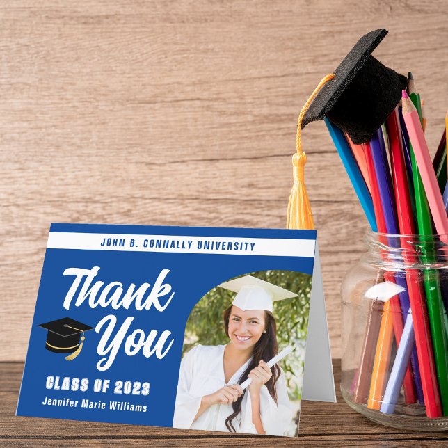Blue White Graduate Photo Arch Graduation Thank You Card (Creator Uploaded)