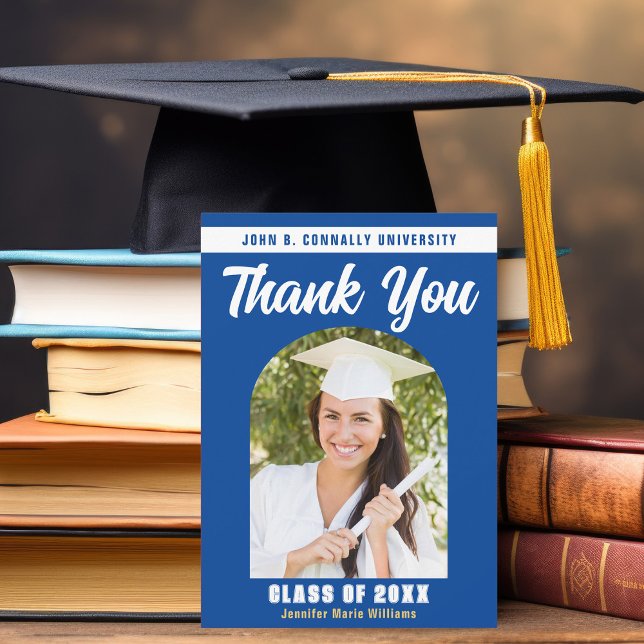 Blue White Graduate Photo Arch Graduation Thank You Card (Creator Uploaded)